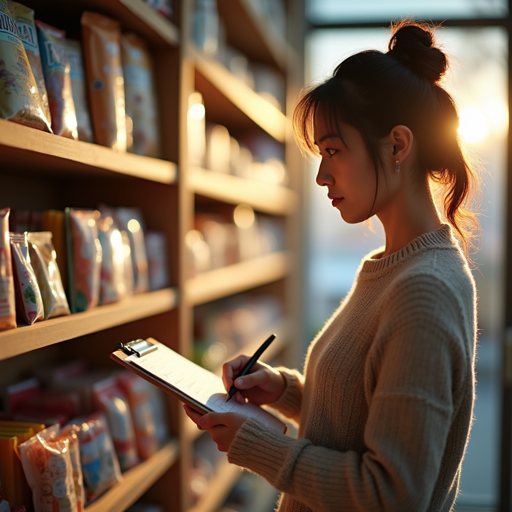 Gestore analizza la rotazione dei prodotti su uno scaffale di un'edicola