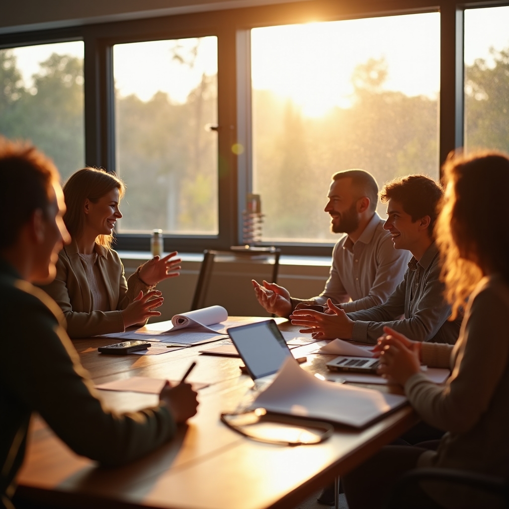 Docente che illustra materiali didattici a un piccolo gruppo di gestori di punti vendita