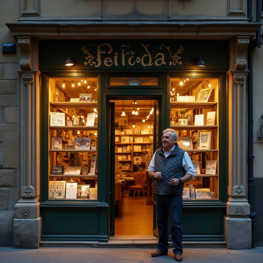 Facciata di un'edicola di quartiere con vetrina illuminata al tramonto