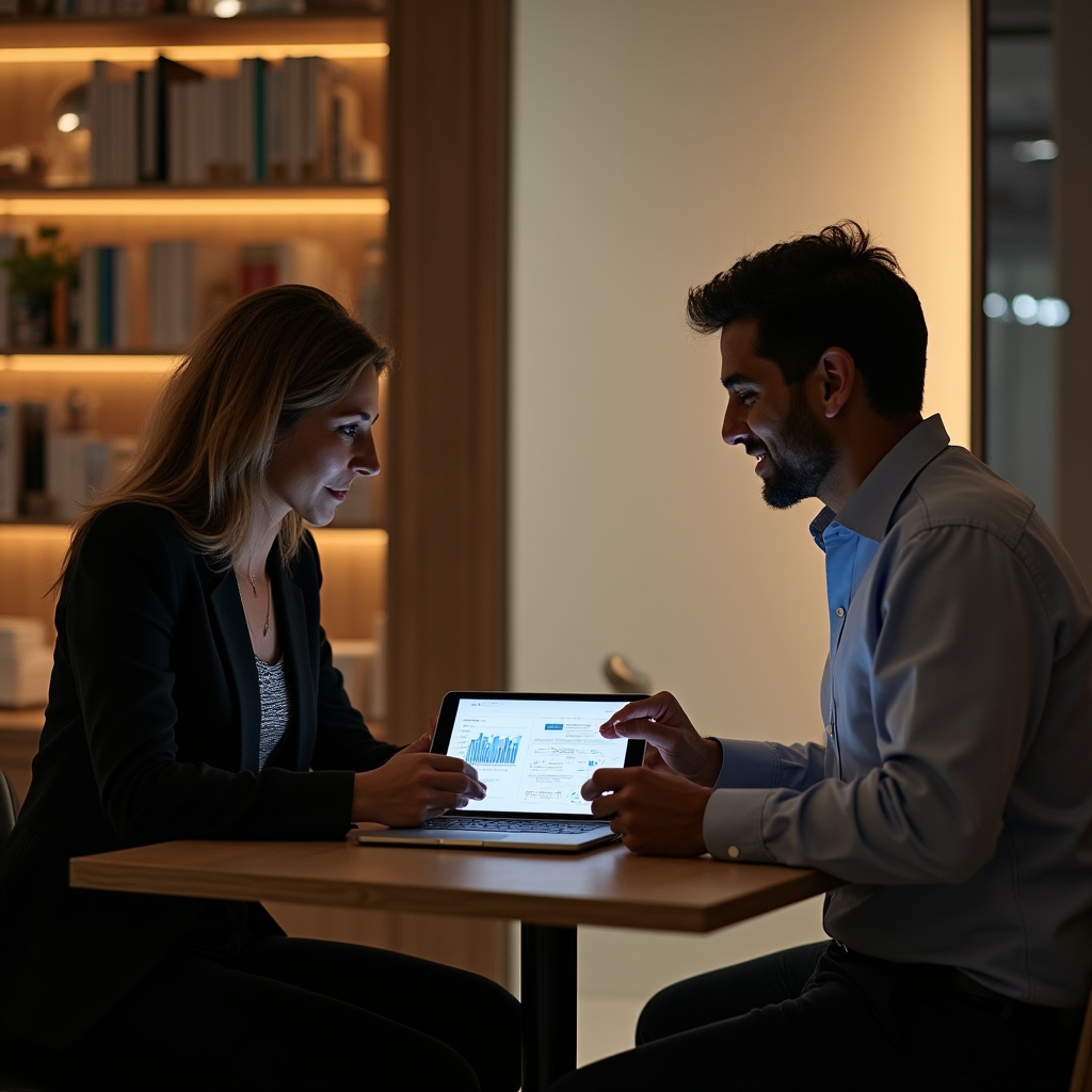 Gestore di punto vendita durante un confronto con un distributore su un tablet