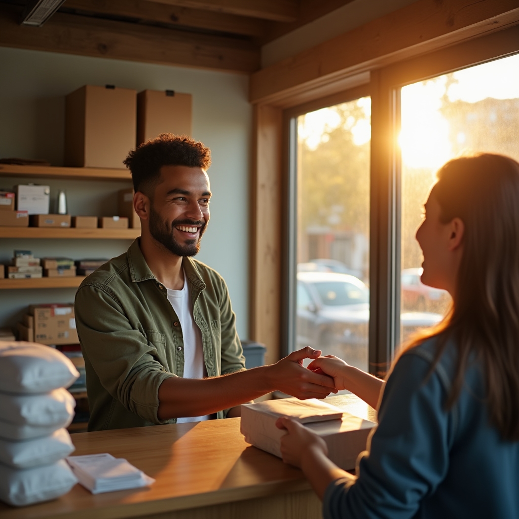 Cliente ritira un pacco al bancone di un chiosco convertito in punto di consegna