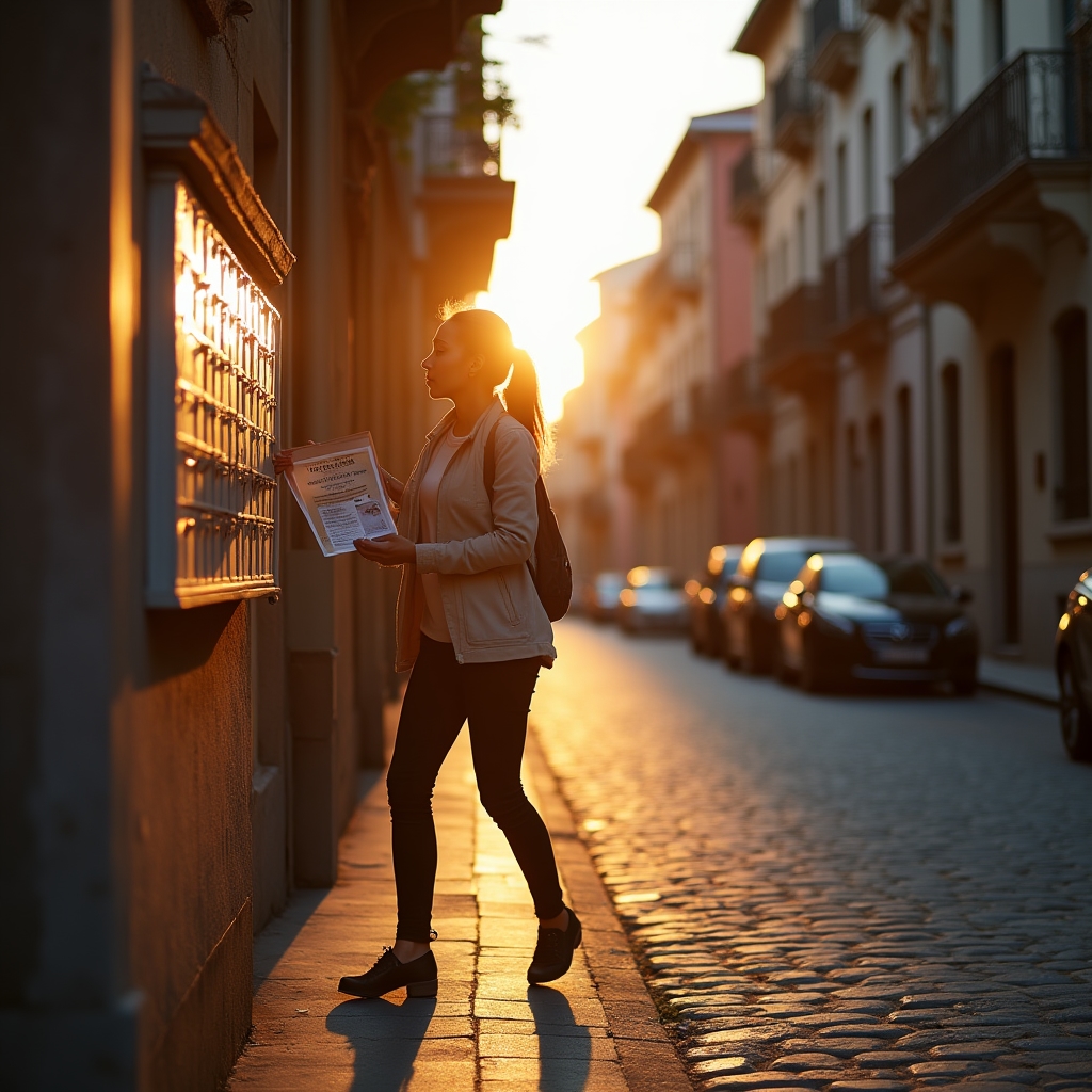Distribuzione di volantini informativi porta a porta in un quartiere residenziale